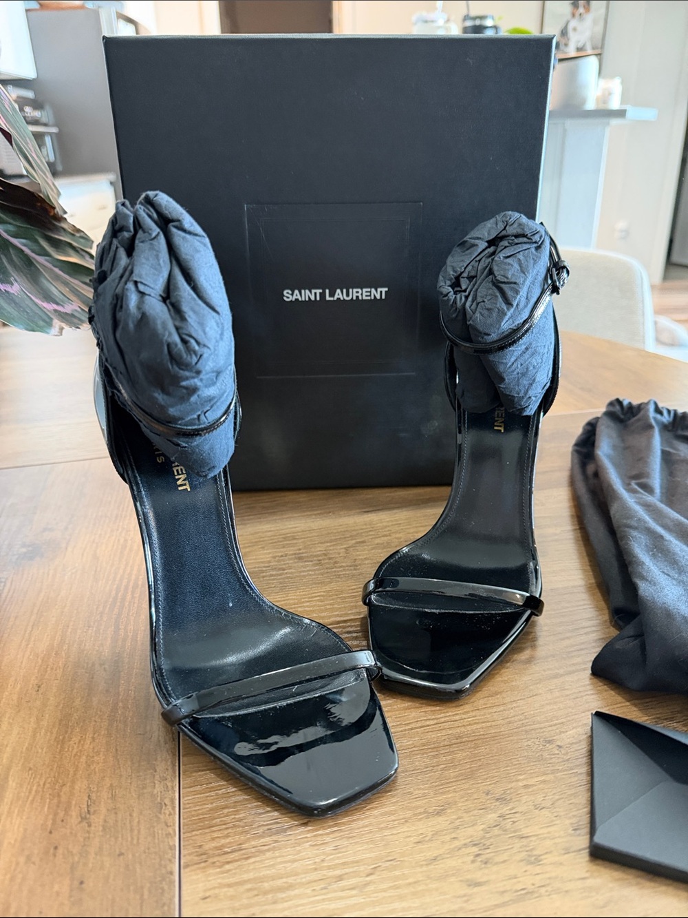 Saint Laurent Black Patent Leather Square-Toe Ankle-Strap Heels